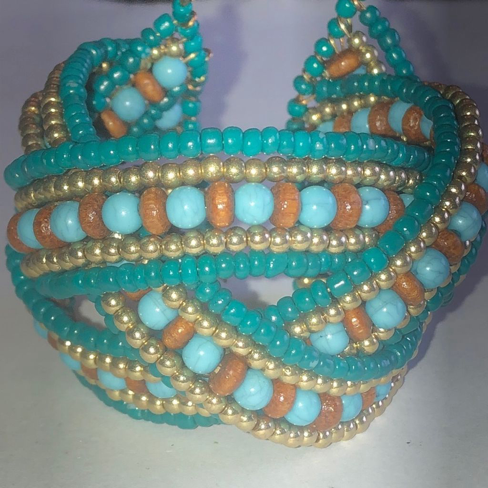 Teal & Tan Wooden Seed Bead Beaded Criss Cross Boho Cuff Bracelet - Picture 2 of 7